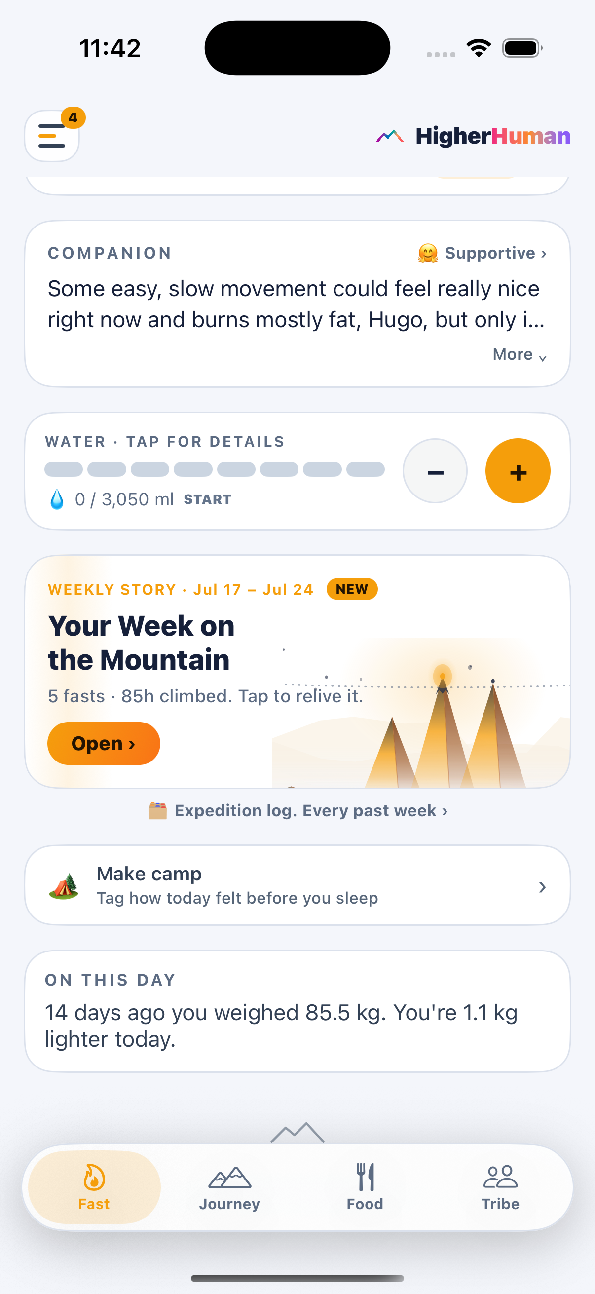 Higher Human home with companion, water tracker, and weekly story card