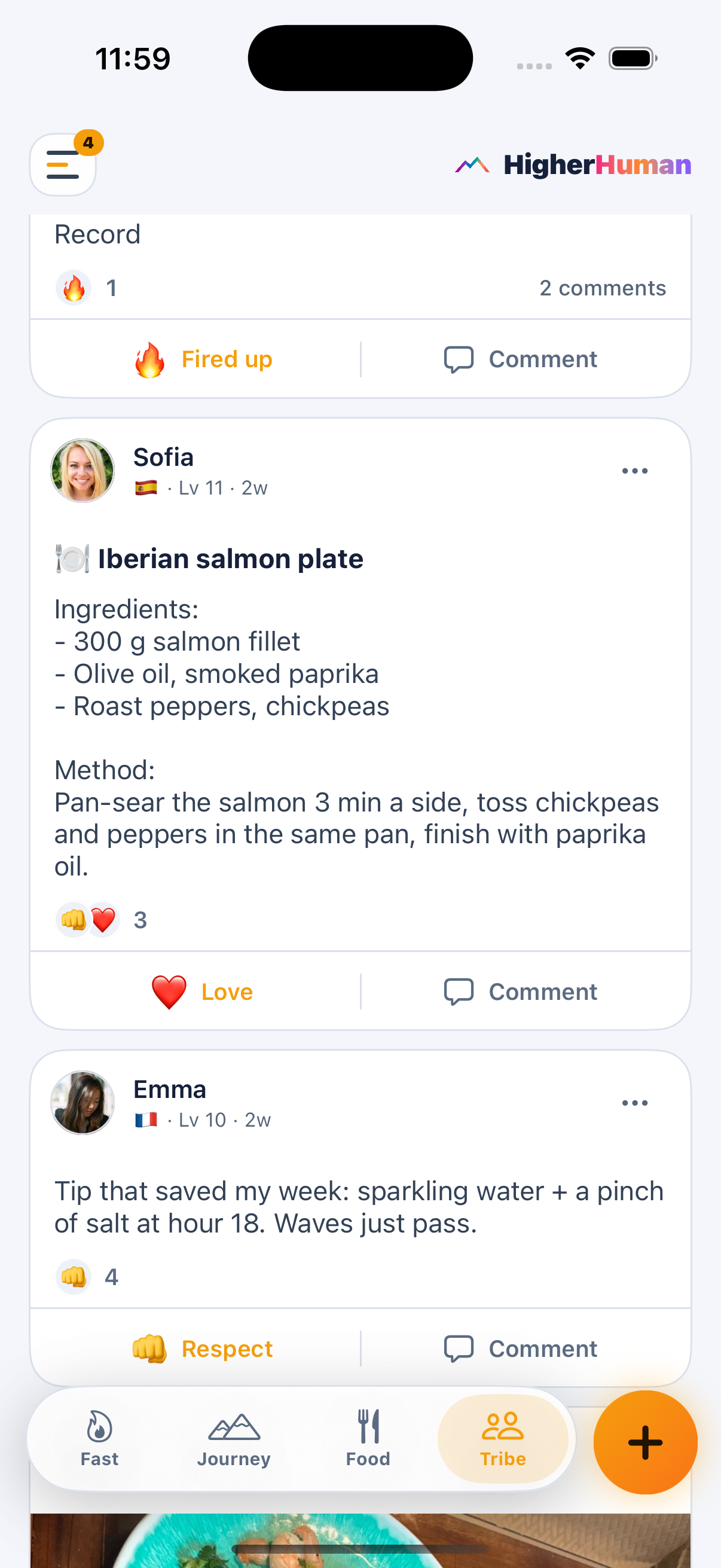 Higher Human Tribe forum feed with recipe and tip posts from climbers